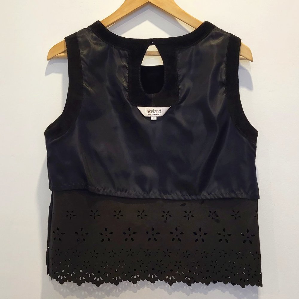 Lakeland Black Suede Leather Sleeveless Top, Lasercut Details, Size US 8, EUC - Picture 9 of 12